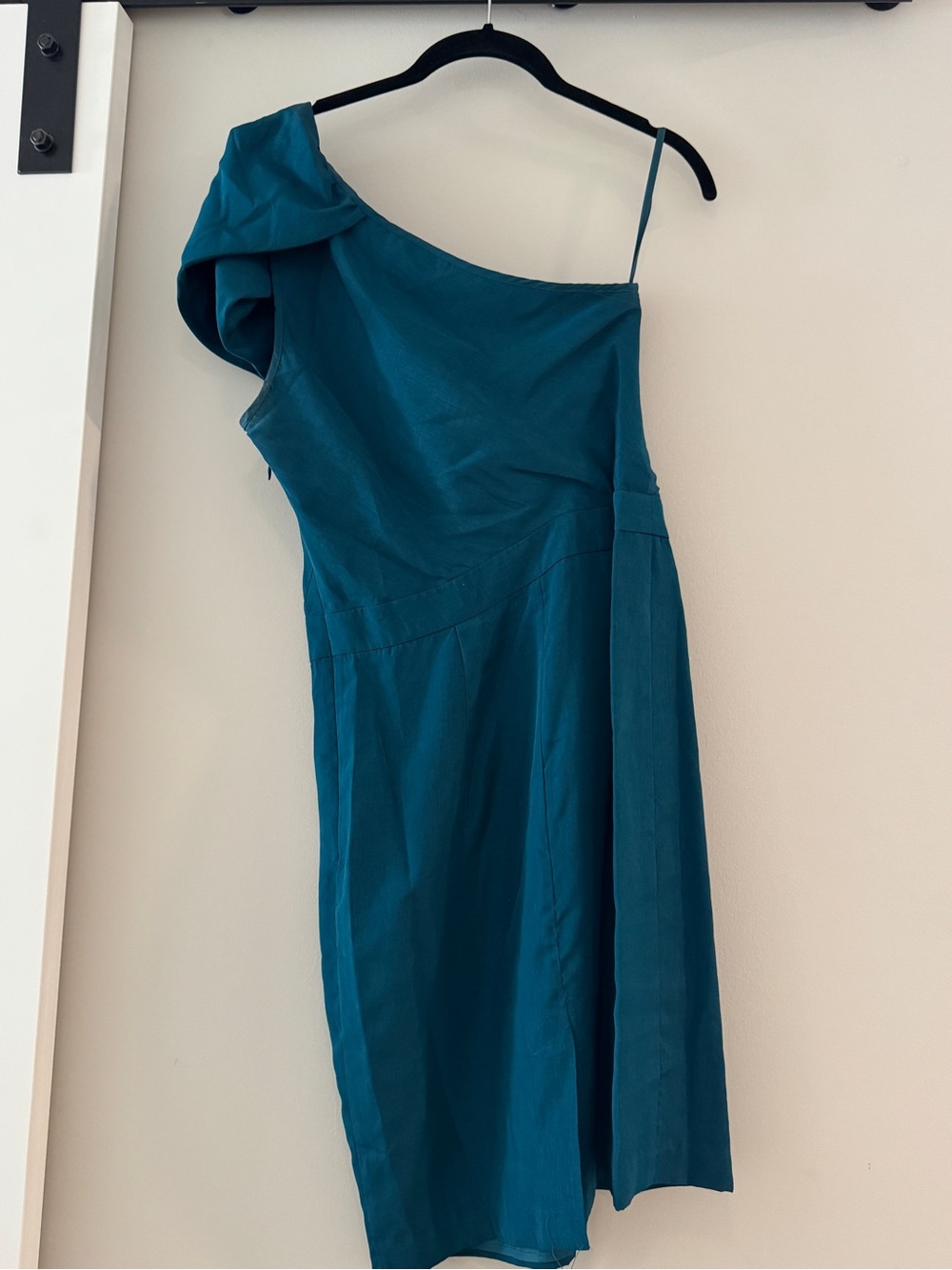 The Limited One-Shoulder Teal Dress with Draped Sleeve